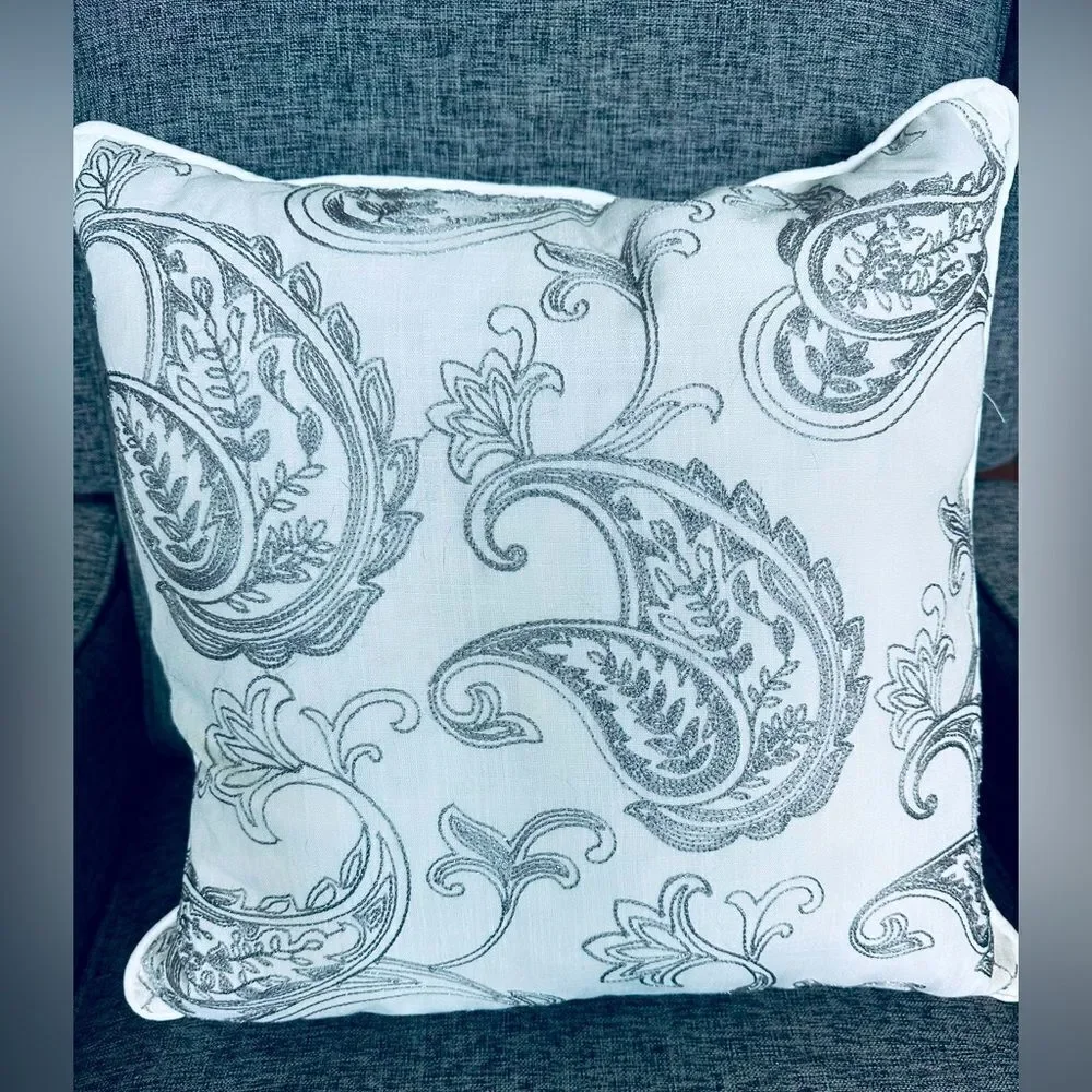 White Gray Paisley Pattern Large Throw Pillow